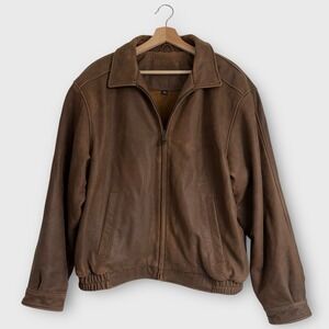 Vintage Croft & Barrow Genuine Leather Bomber Jacket Brown Men's Size Large Y2K